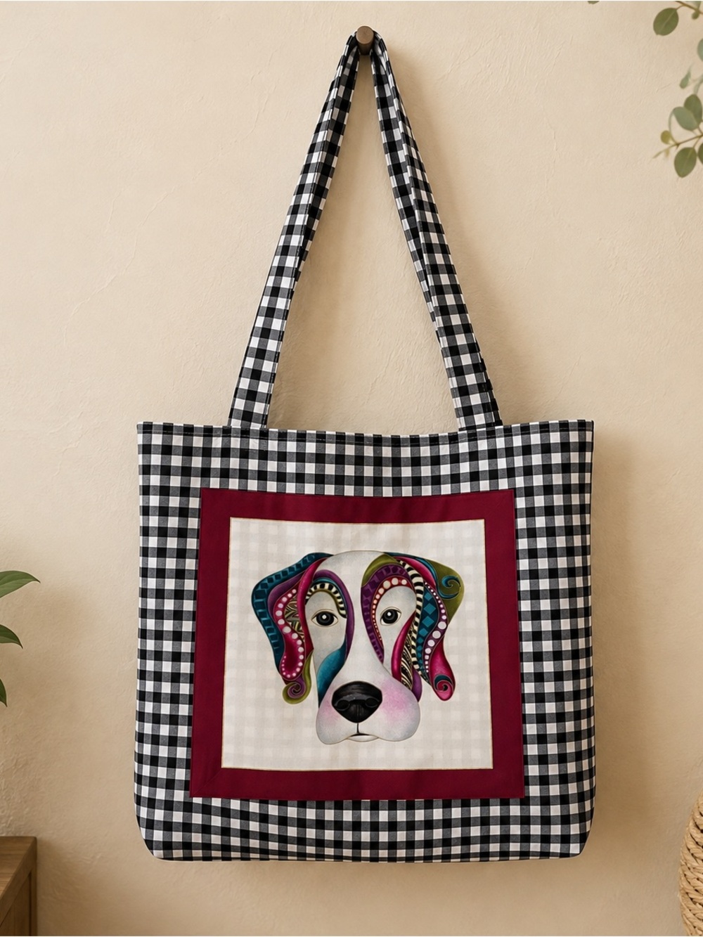 Handmade Dog Lover Tote Bag Gingham Paisley Cottagecore Large 16x18